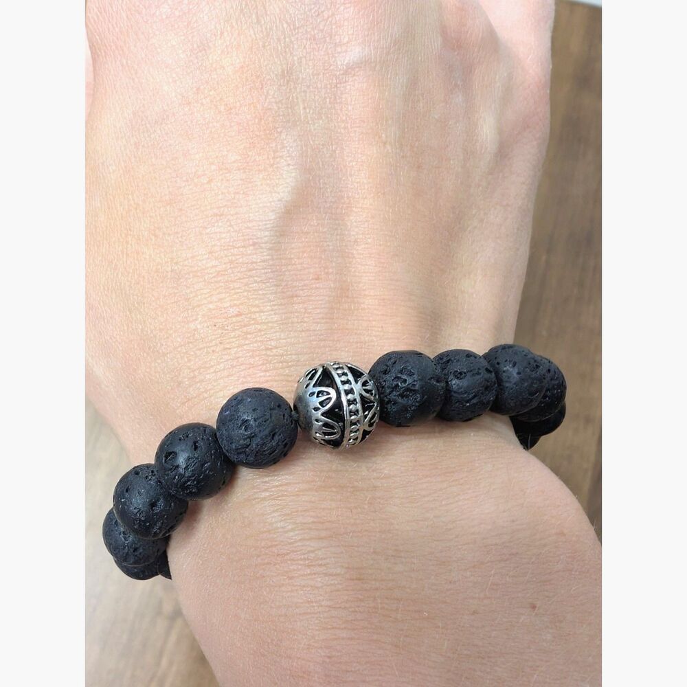 Black Lava Stone Beaded Stretch Bracelet with Silver Focal Bead